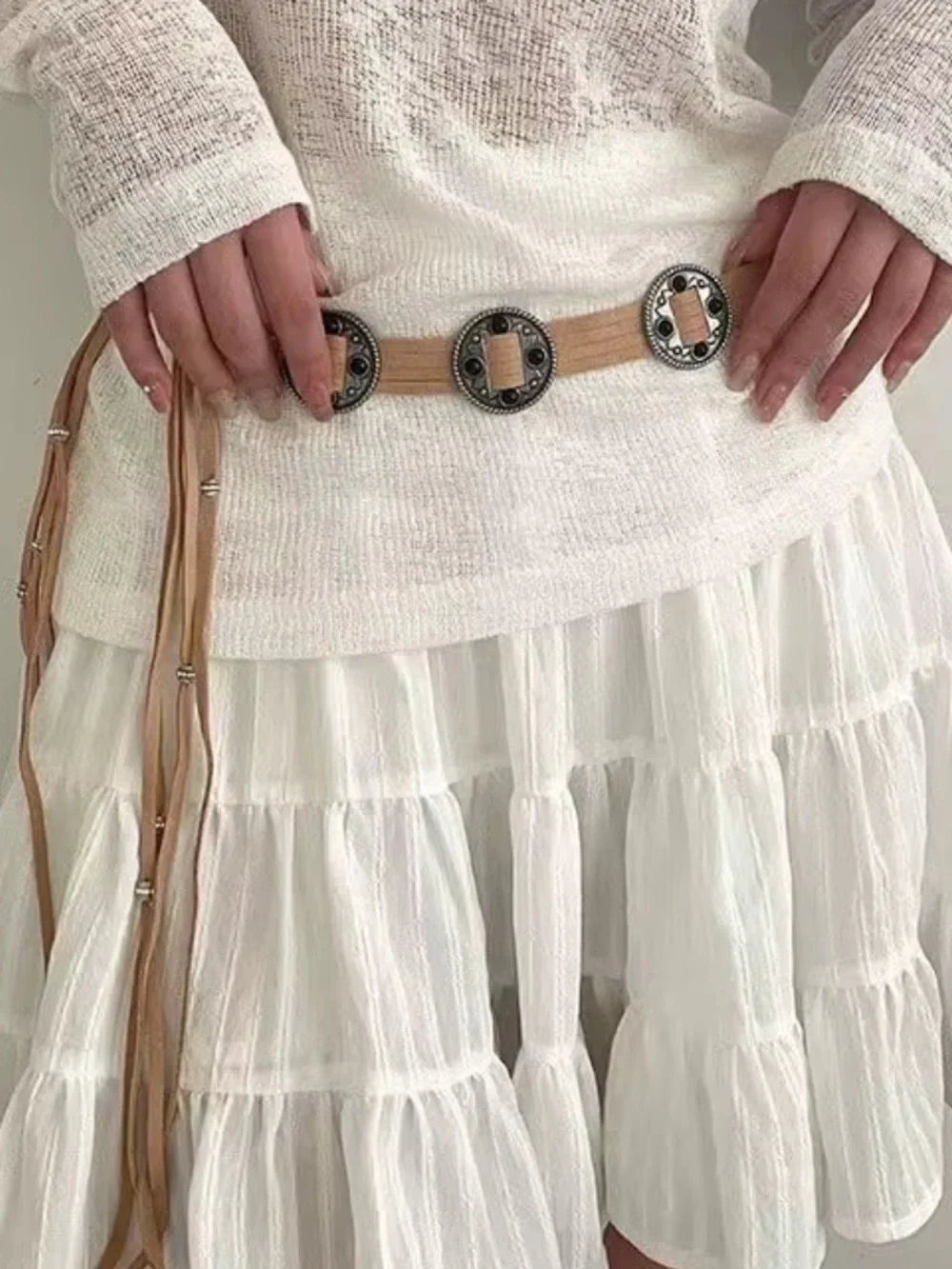 Sash Belt BohoTassel Waistband Western Knotted Fringed Round-Metal Waist Belt